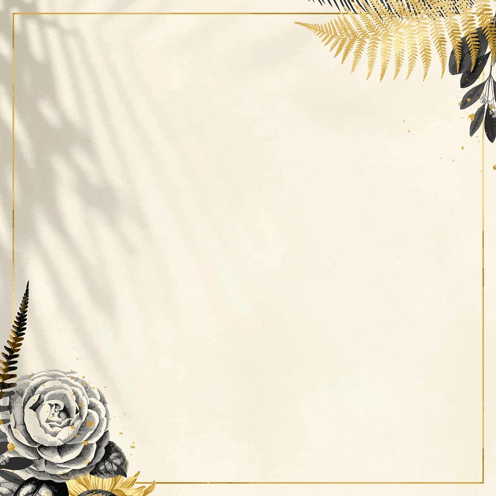 Camellia fern leaf gold vector frame on beige textured background