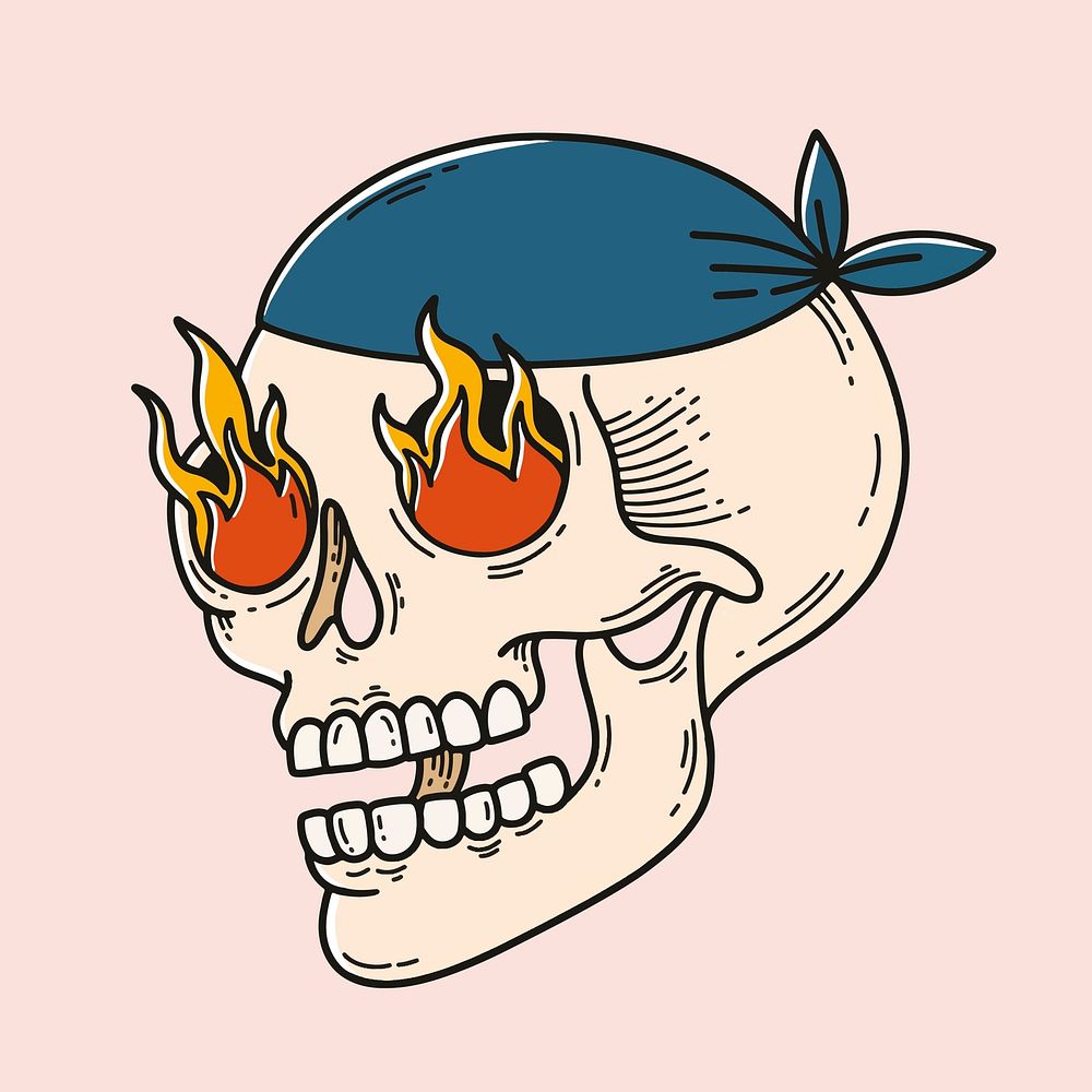 Beautiful retro skull tattoo illustration with pastel background