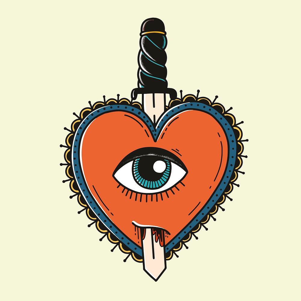 Colorful retro vector demon heart tattoo design