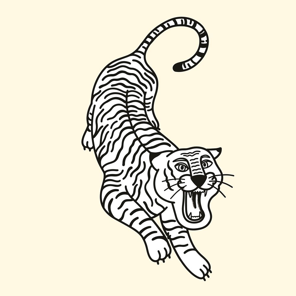 Vintage tiger tattoo design vector with yellow wallpaper
