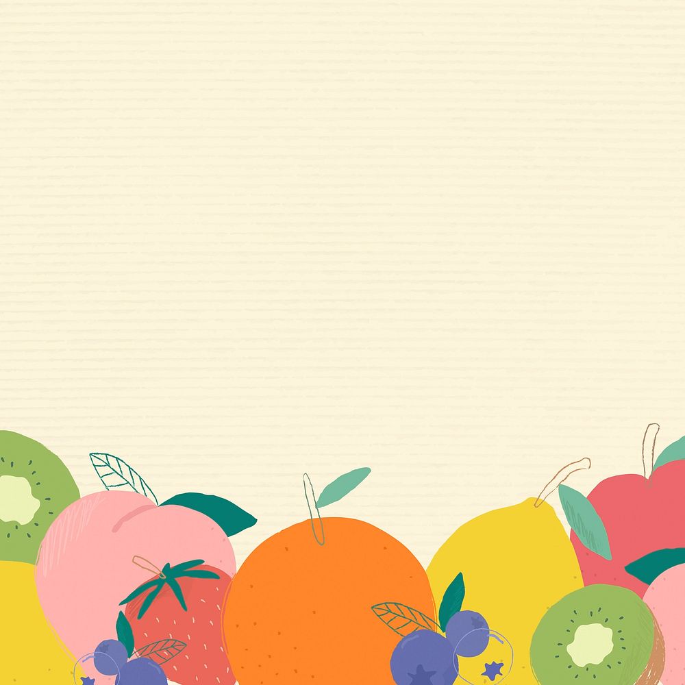 Mixed fruits corner border yellow background paper texture 