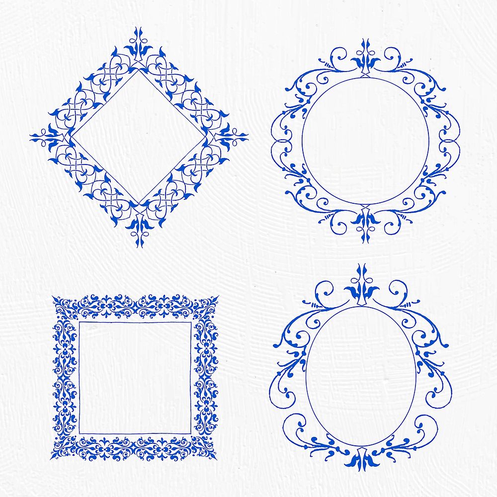 Blue filigree frame vector set, remix from The Model Book of Calligraphy Joris Hoefnagel and Georg Bocskay