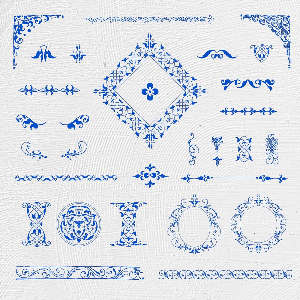 Vintage blue ornamental element set, remix from The Model Book of Calligraphy Joris Hoefnagel and Georg Bocskay