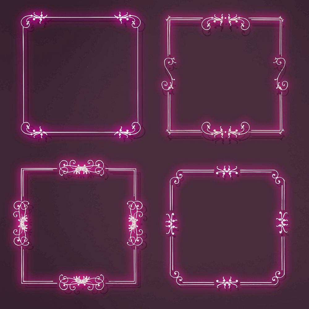 Neon pink filigree frame vector set, remix from The Model Book of Calligraphy Joris Hoefnagel and Georg Bocskay