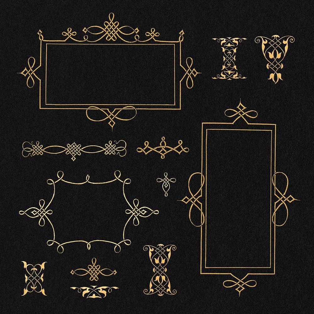 Gold vintage filigree frame set, remix from The Model Book of Calligraphy Joris Hoefnagel and Georg Bocskay