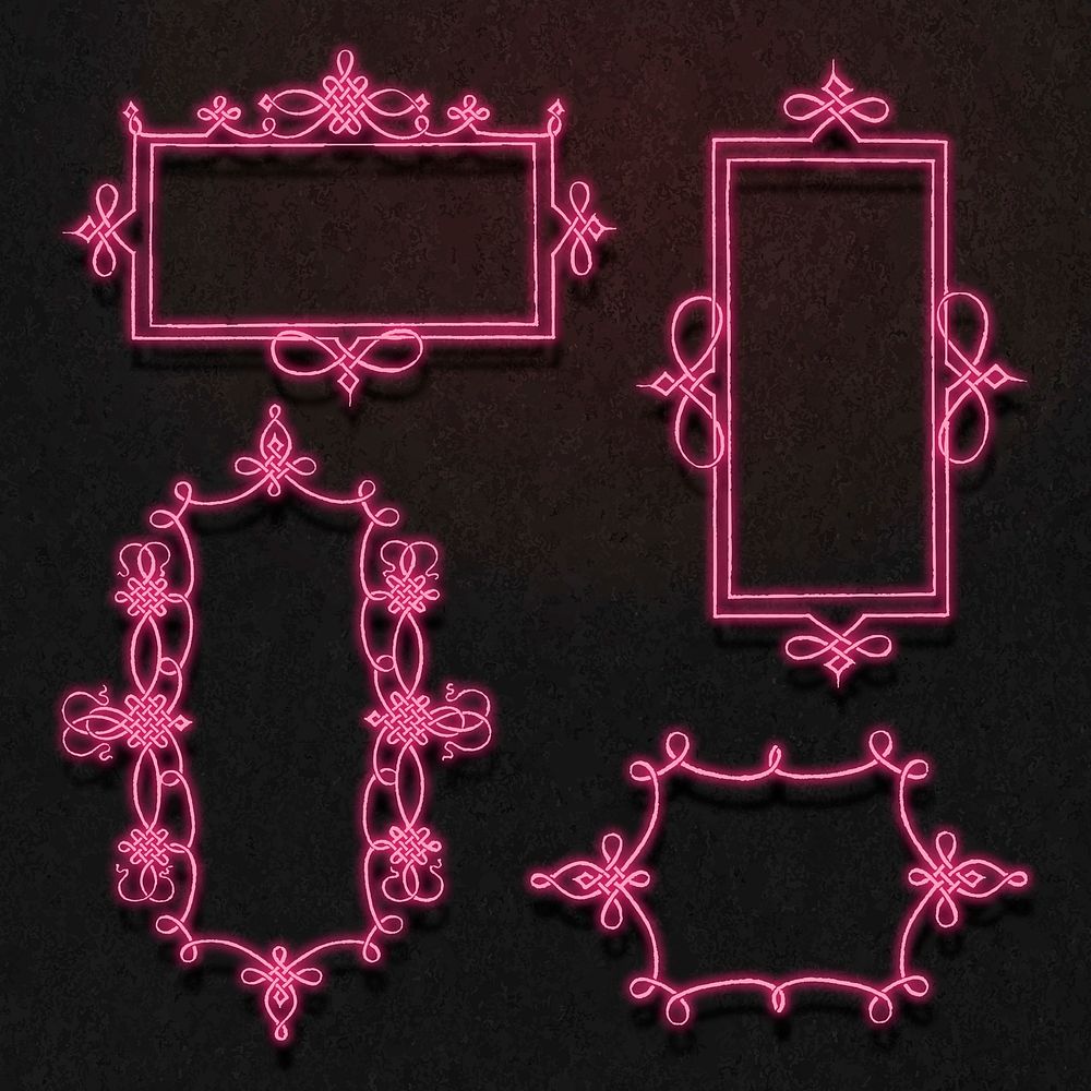 Pink neon filigree frame vector set, remix from The Model Book of Calligraphy Joris Hoefnagel and Georg Bocskay