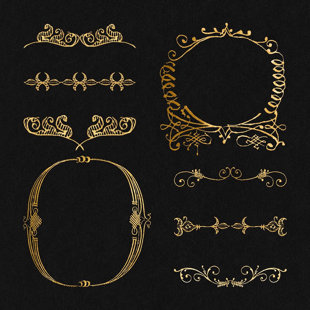 Victorian gold frame vintage ornamental element set, remix from The Model Book of Calligraphy Joris Hoefnagel and Georg…