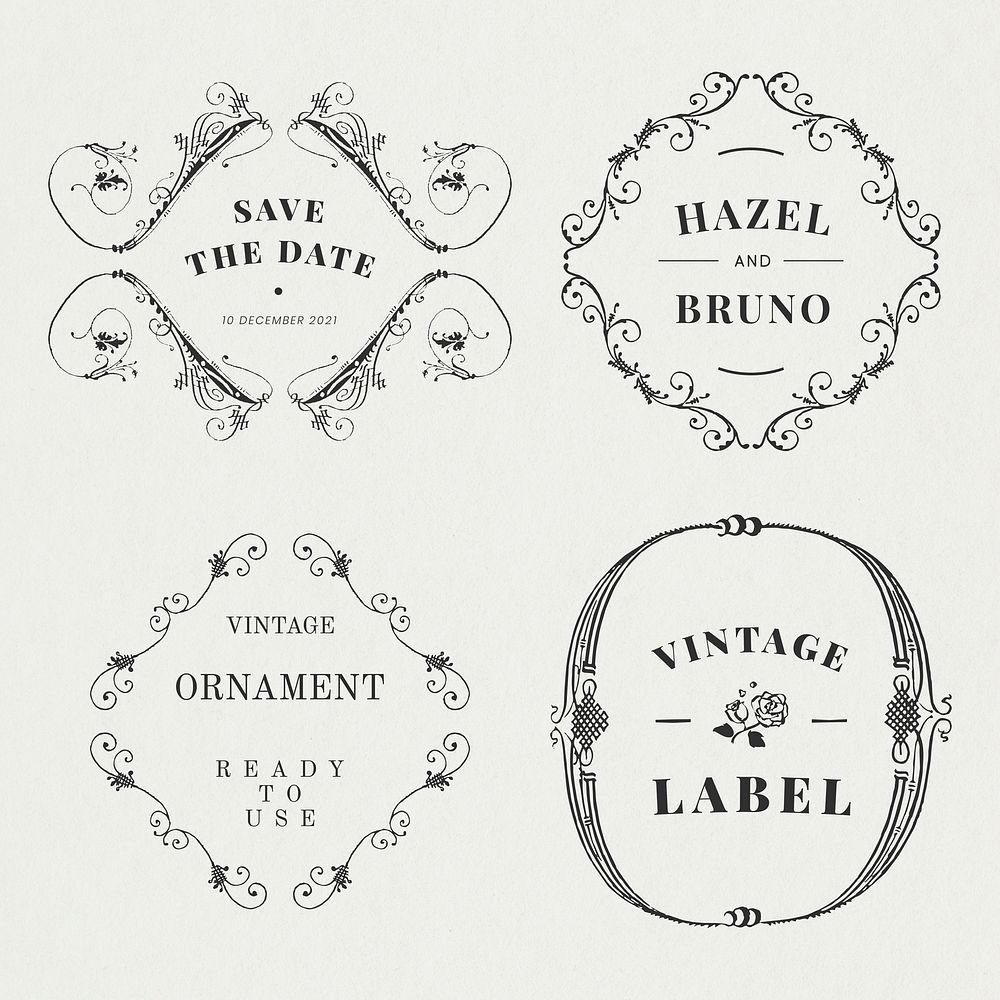 Vintage ornamental label emblem set, remix from The Model Book of Calligraphy Joris Hoefnagel and Georg Bocskay
