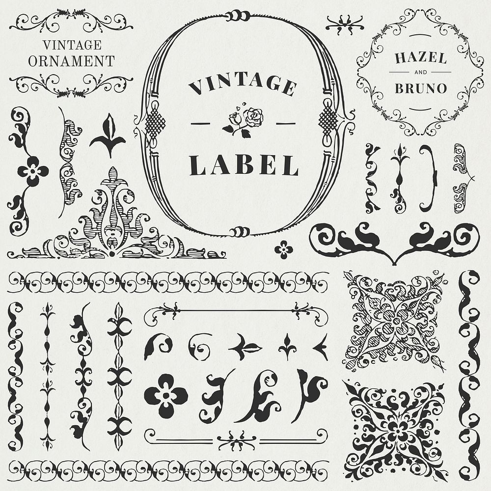 Vintage label ornate element set, remix from The Model Book of Calligraphy Joris Hoefnagel and Georg Bocskay