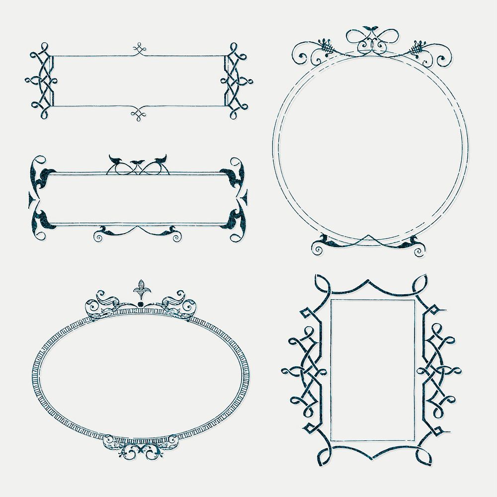Blue Victorian frame border vector ornament collection, remix from The Model Book of Calligraphy Joris Hoefnagel and Georg…