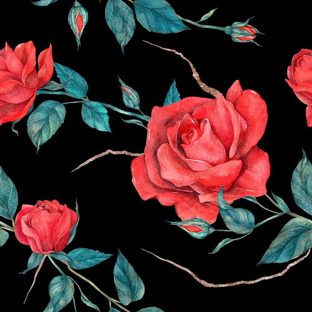 Blooming red rose seamless pattern hand drawn background