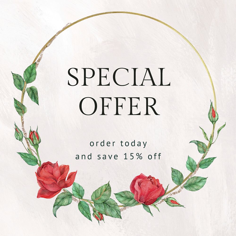 Red rose vector editable template with special offer text