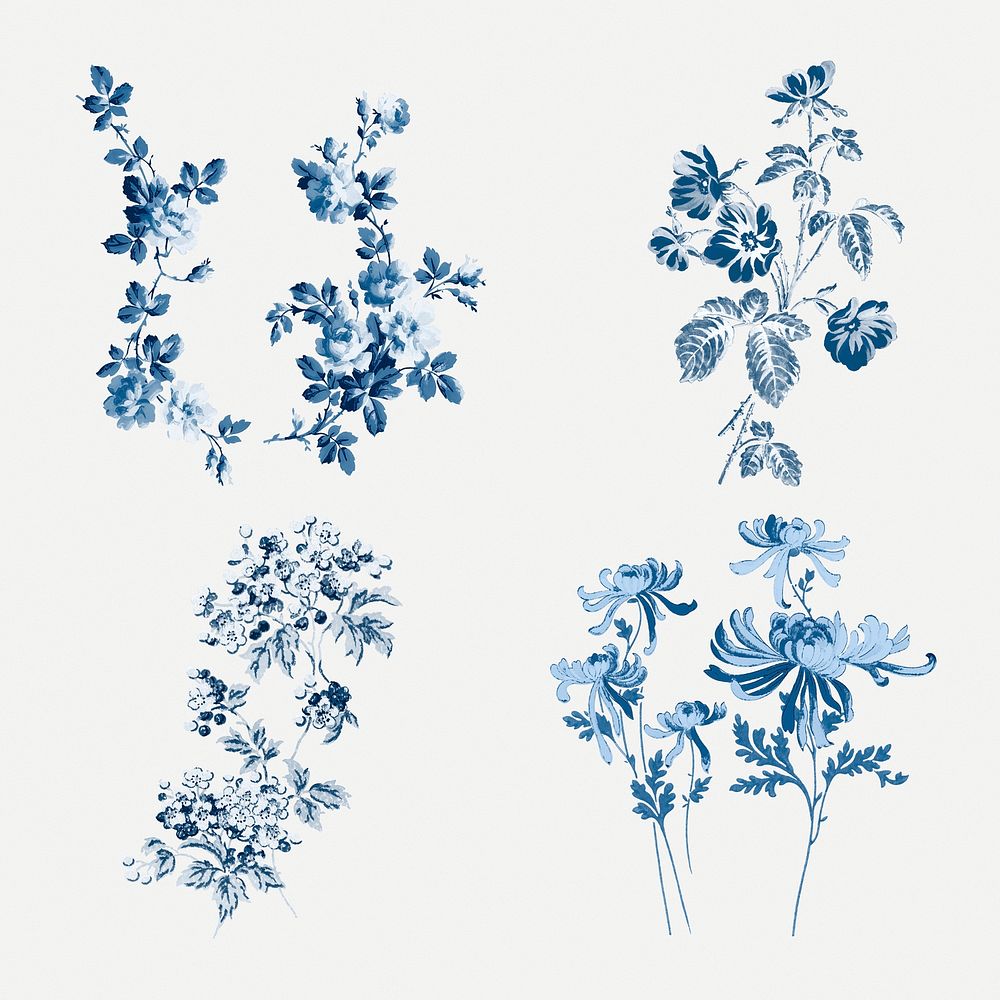 Blue flowers vintage illustration collection