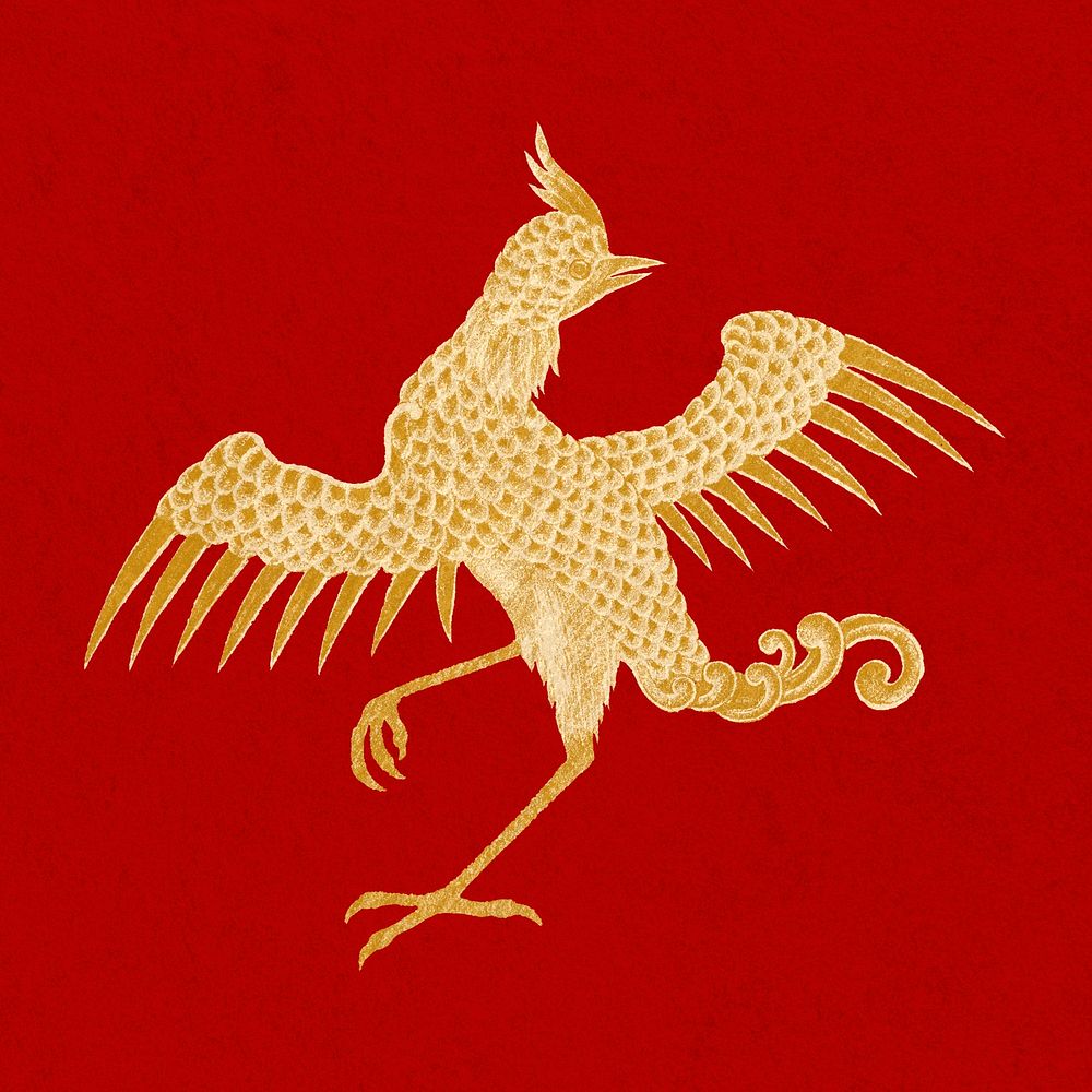 Gold red Chinese art bird decorative ornament clipart