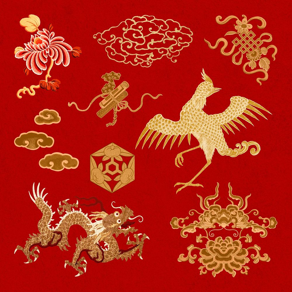 Gold red Chinese art animals clipart collection