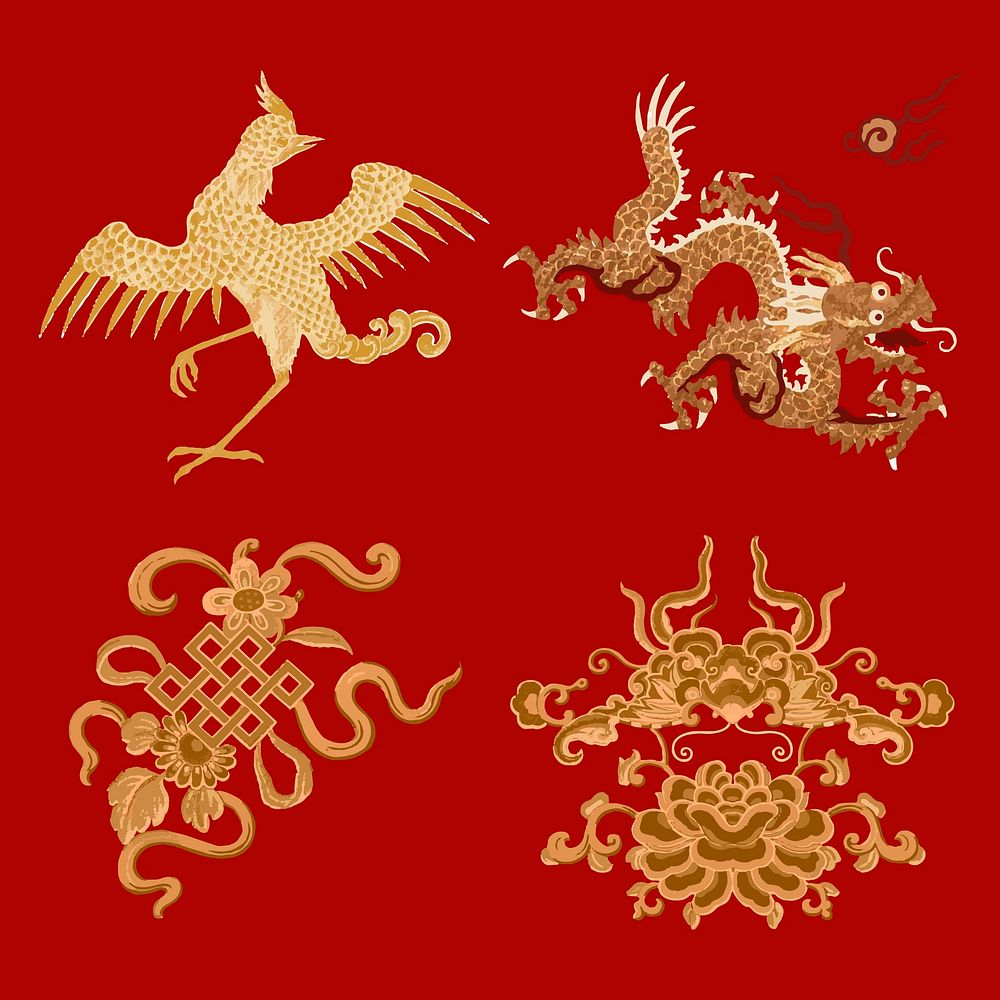 Animals vector gold traditional Chinese art clipart set