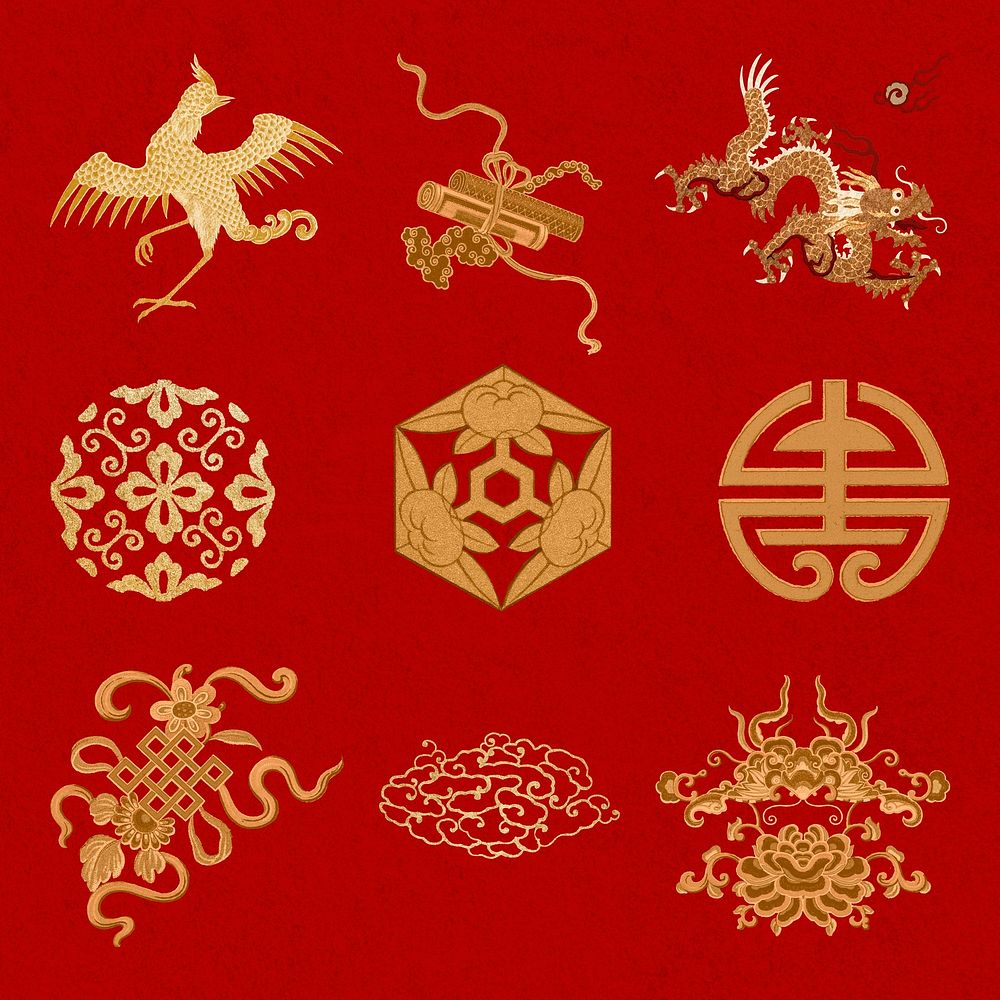 Gold red Chinese art symbol clipart set
