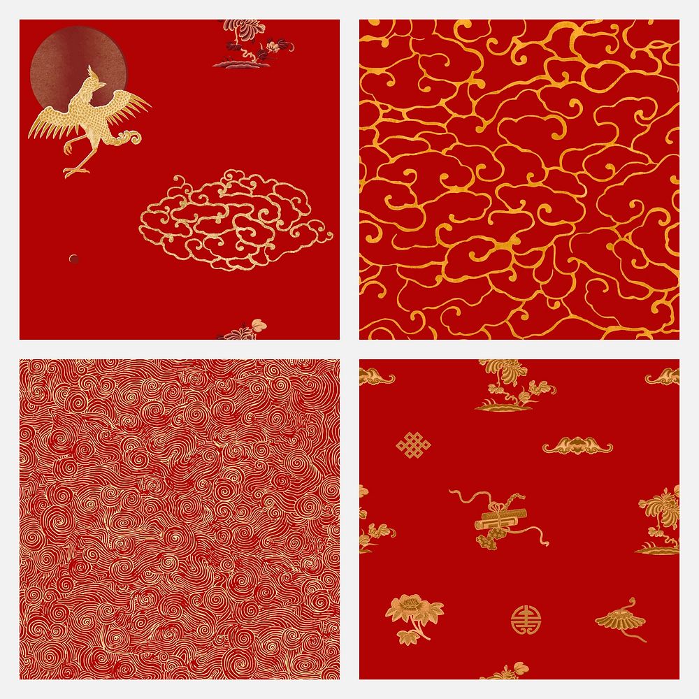 Gold red Chinese art vector decorative ornament clipart seamless set
