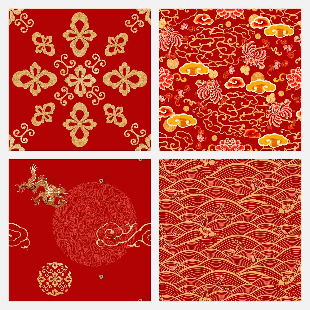 Gold red Chinese art vector decorative ornament clipart set