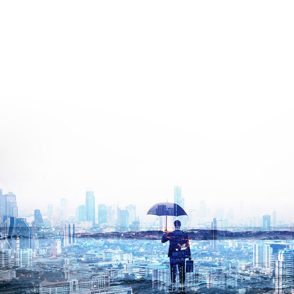 Businessman in suit holding umbrella on city background