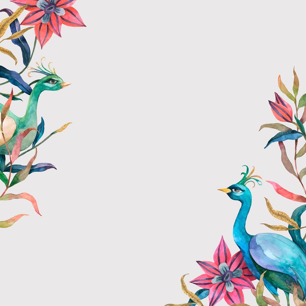 Peacock frame vector with watercolor flowers on beige background