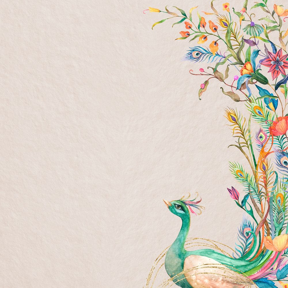 Watercolor peacock border with flowers on beige background