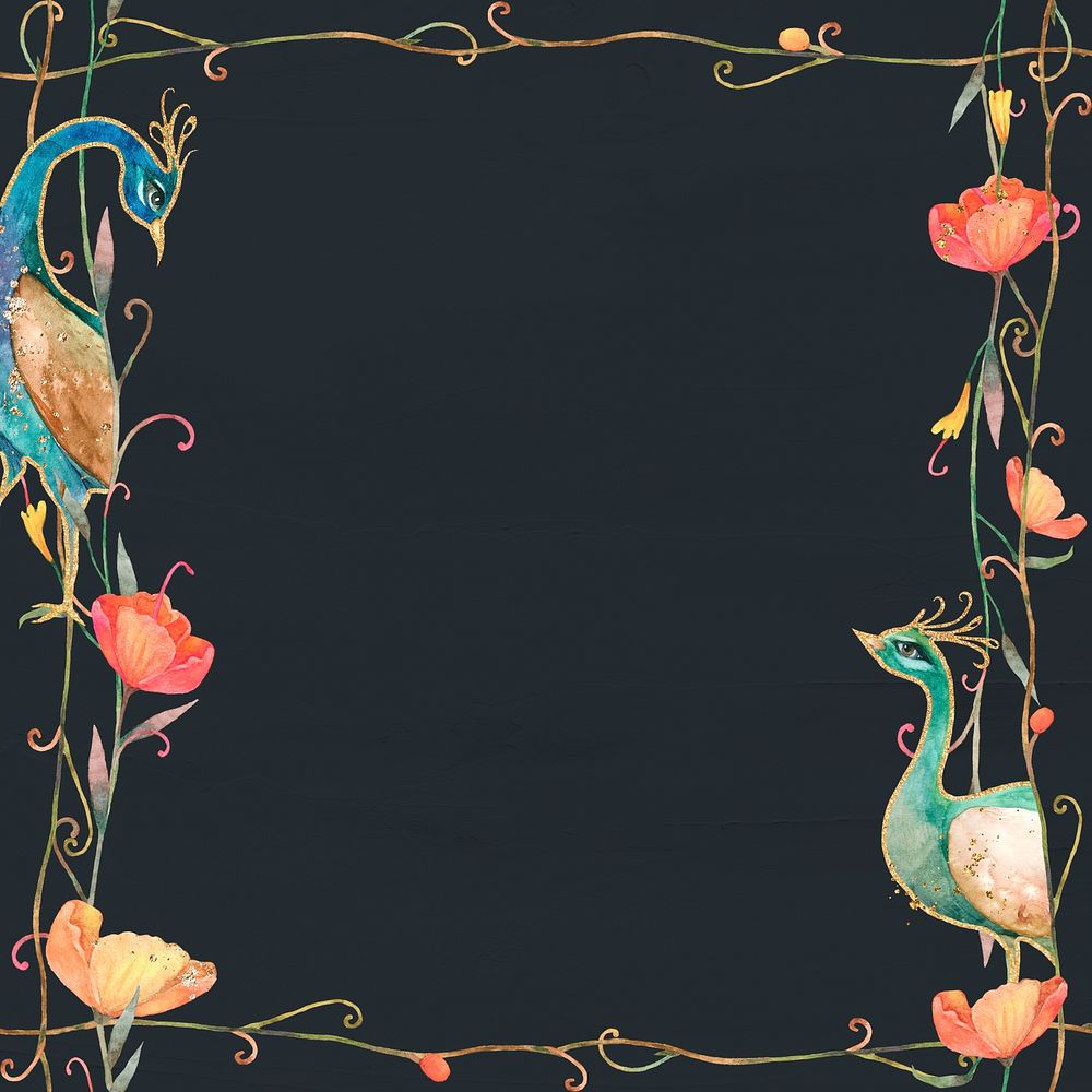Gold frame with watercolor flowers and peacock on black background