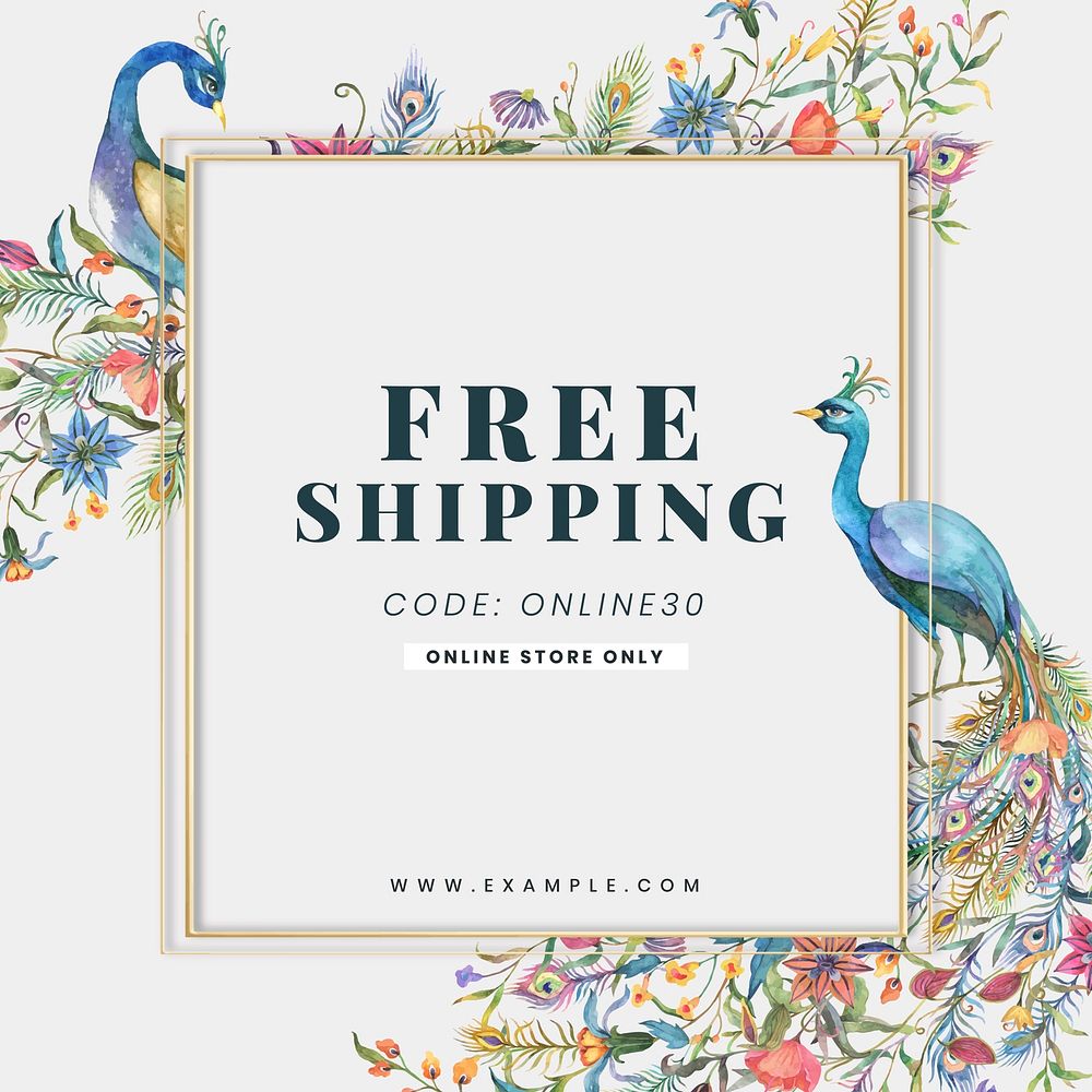 Editable shop ad template vector with watercolor peacocks and flowers illustration