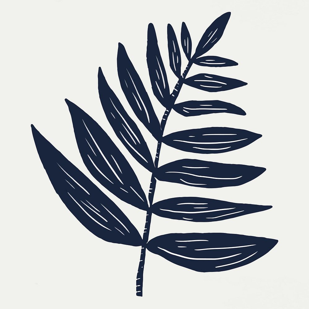 Vintage navy blue leaves vector plant linocut style