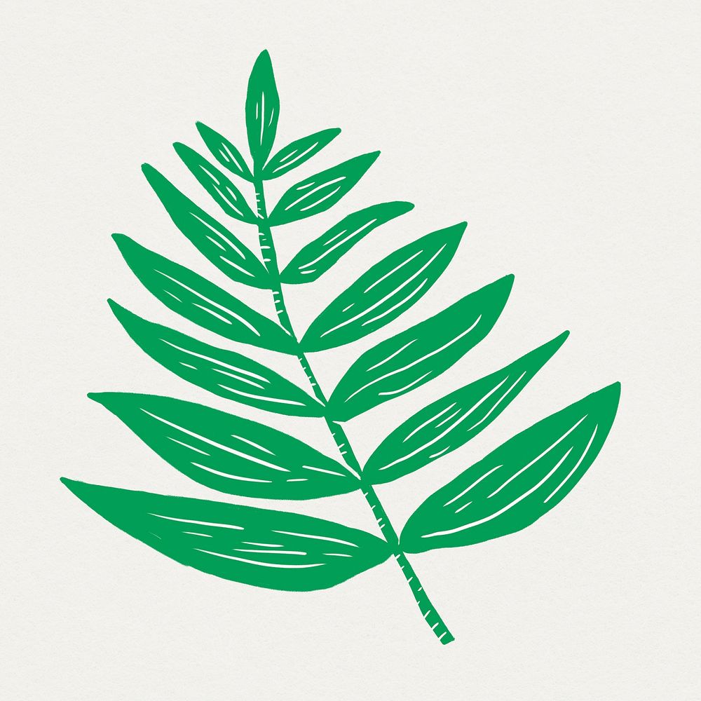 Green leaf psd linocut vintage floral clipart