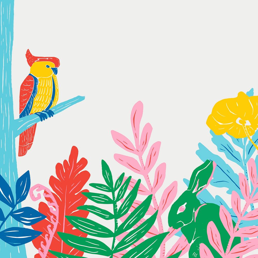 Retro wild animals frame vector colorful linocut jungle background