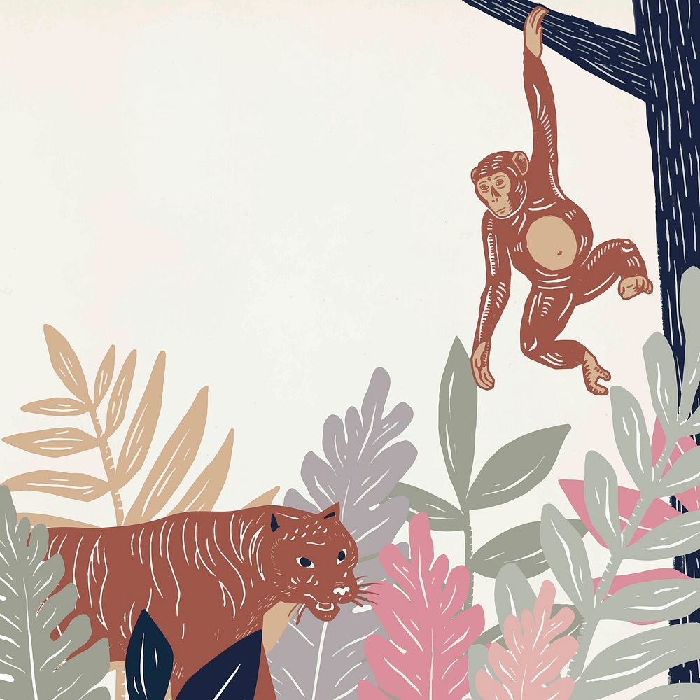 Vintage wild animals frame vector colorful jungle background