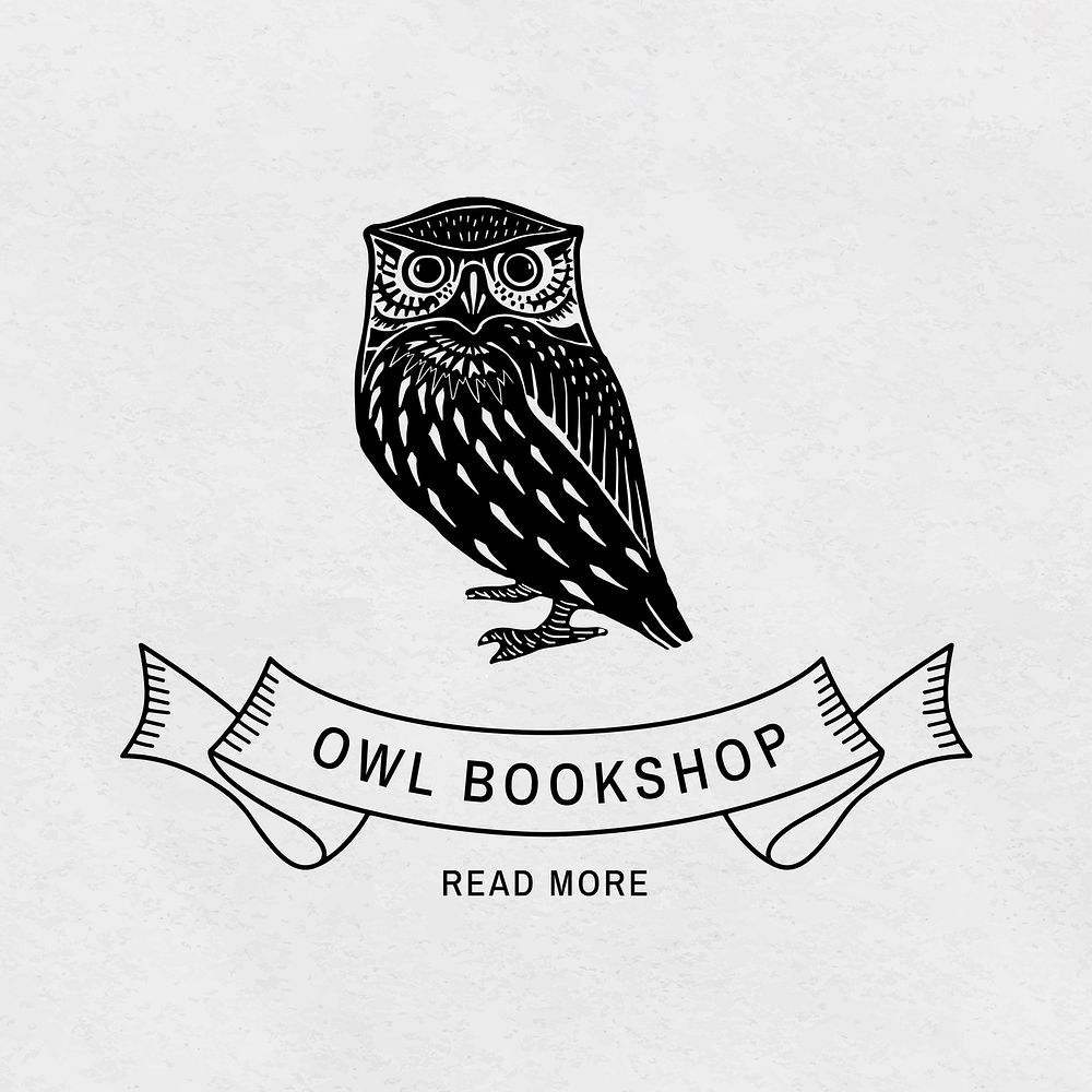 Vintage owl linocut badge vector editable template