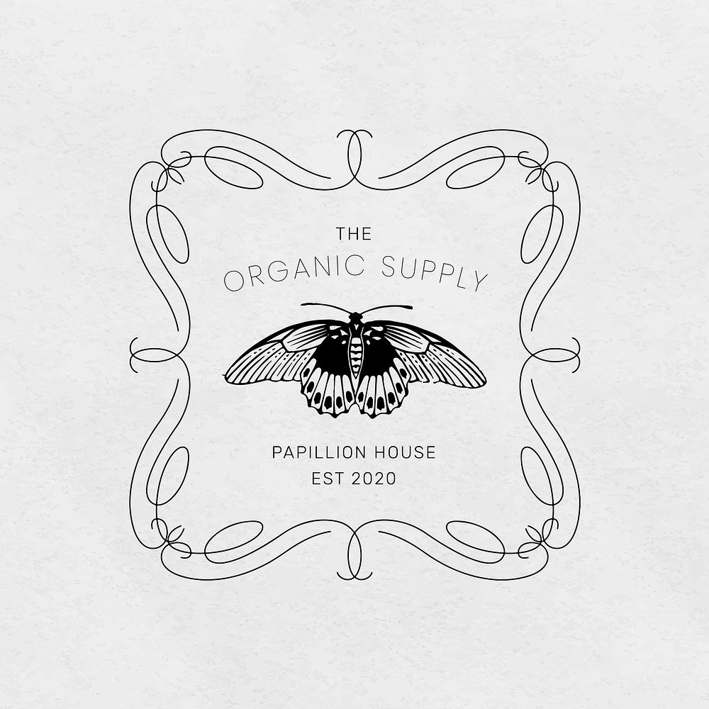 Vintage butterfly logo linocut illustration 