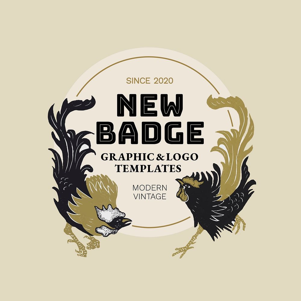 Modern rooster badge linocut vector editable template