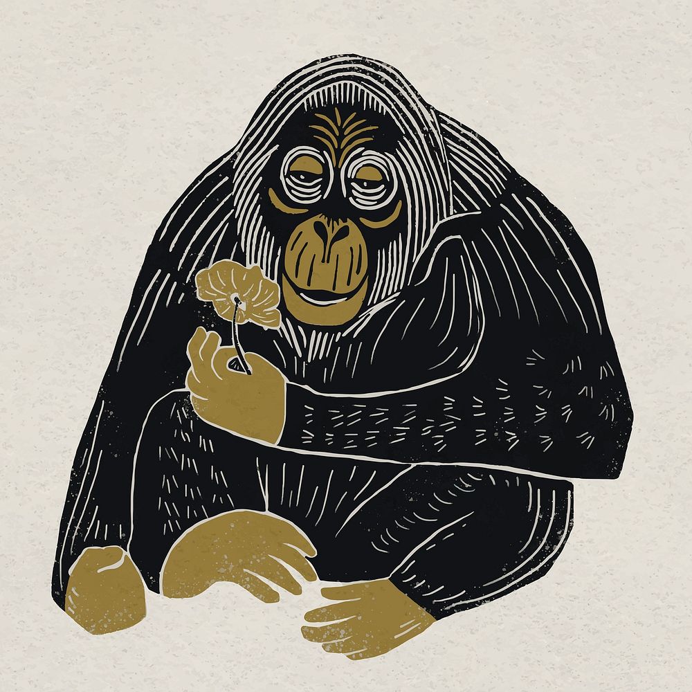 Wild animal orangutan vintage linocut clipart