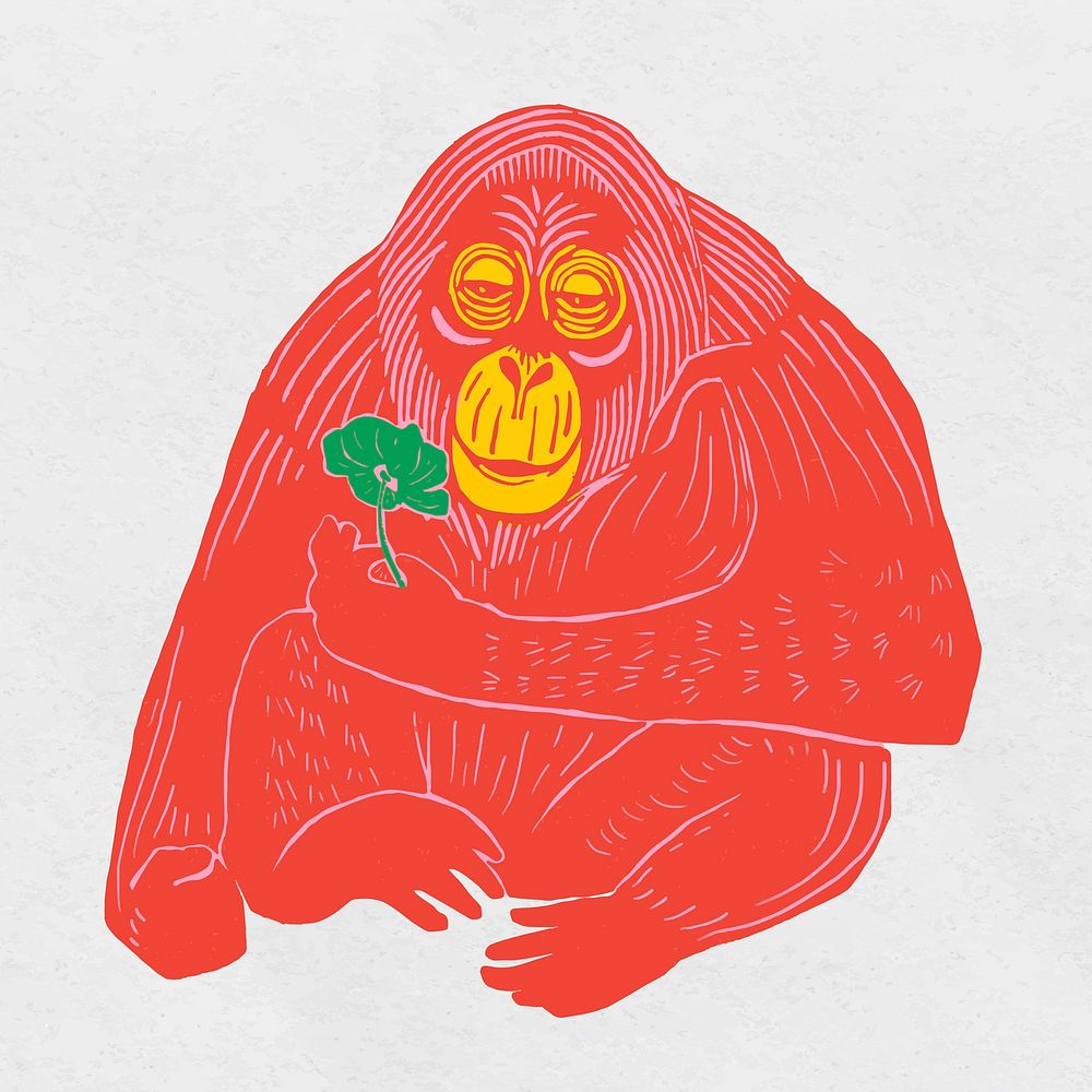 Red orangutan vintage animal linocut clipart