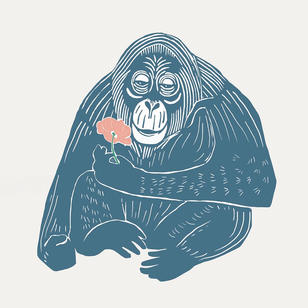 Vintage blue orangutan linocut style illustration
