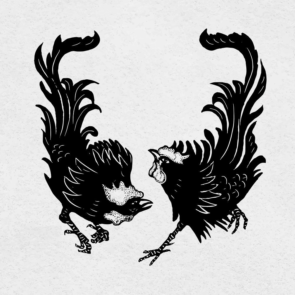 Black rooster linocut stencil pattern drawing set
