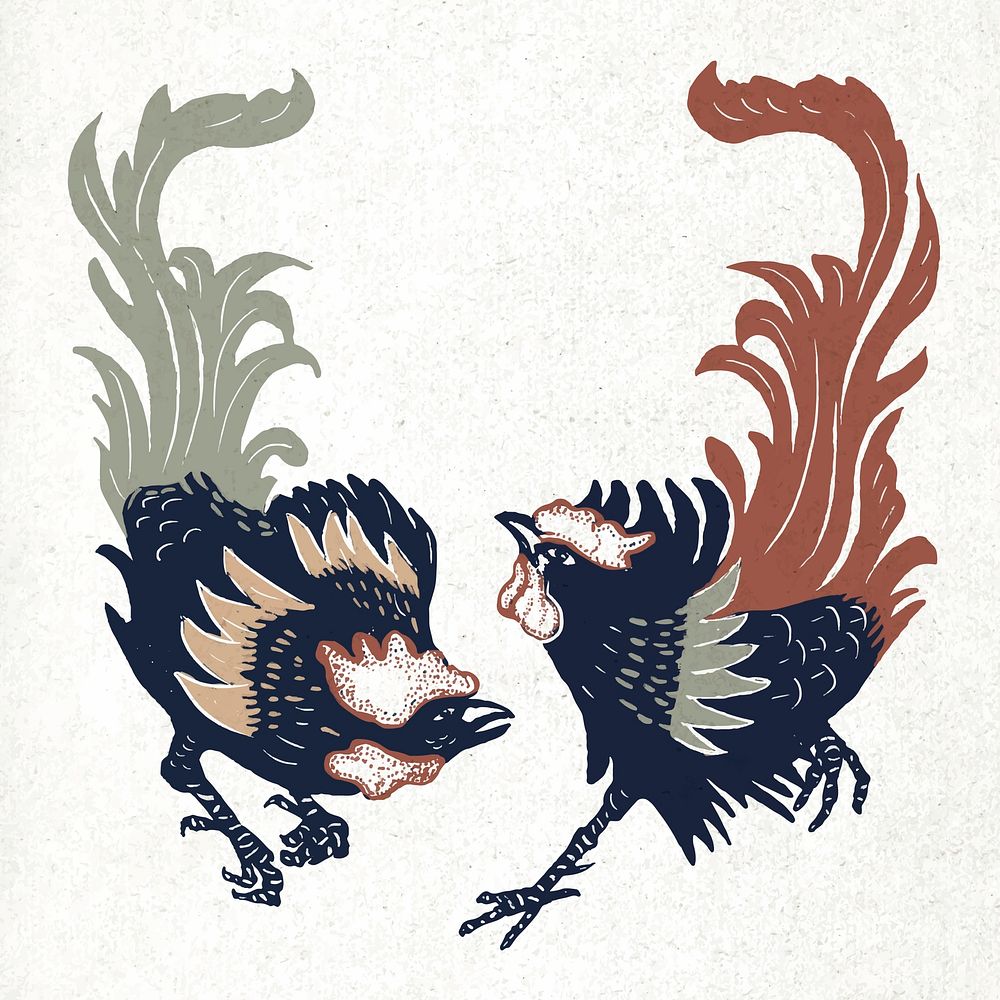 Vintage colorful rooster vector bird hand drawn set