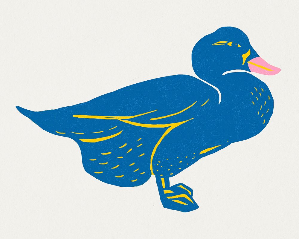 Vintage blue duck psd linocut illustration