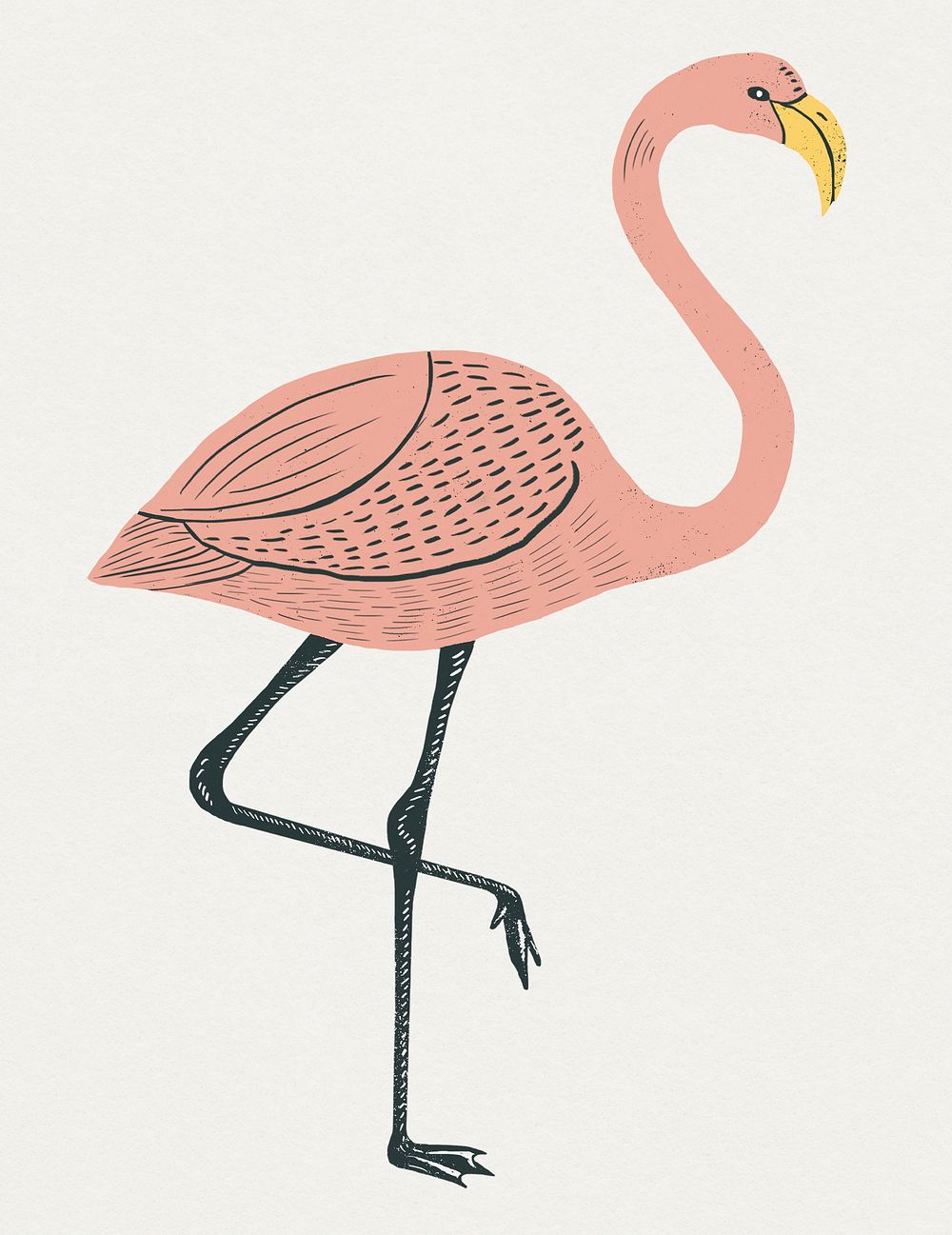 Tropical bird peach flamingo psd vintage linocut drawing