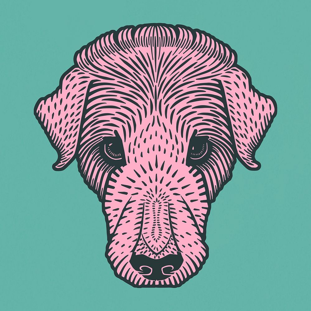 Linocut pink dog animal vintage drawing