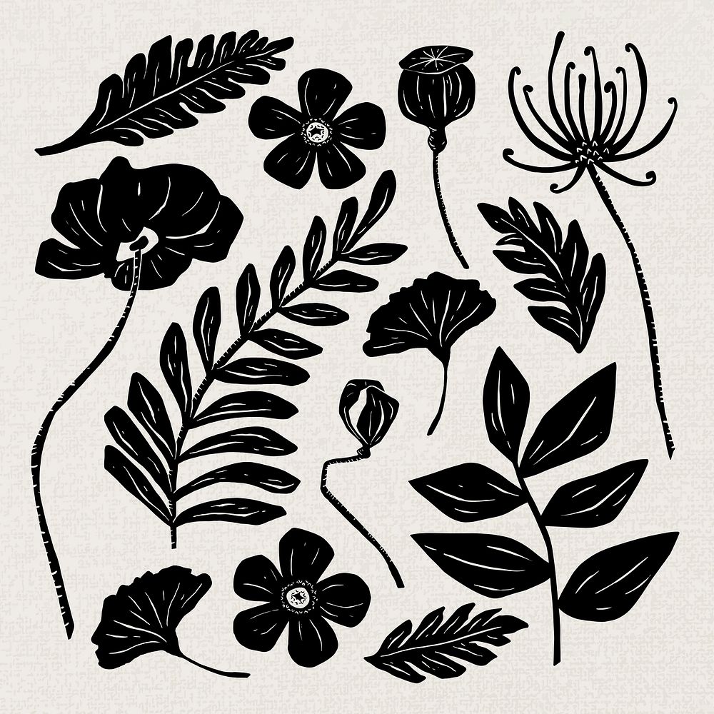 Black flowers psd linocut hand drawn floral collection