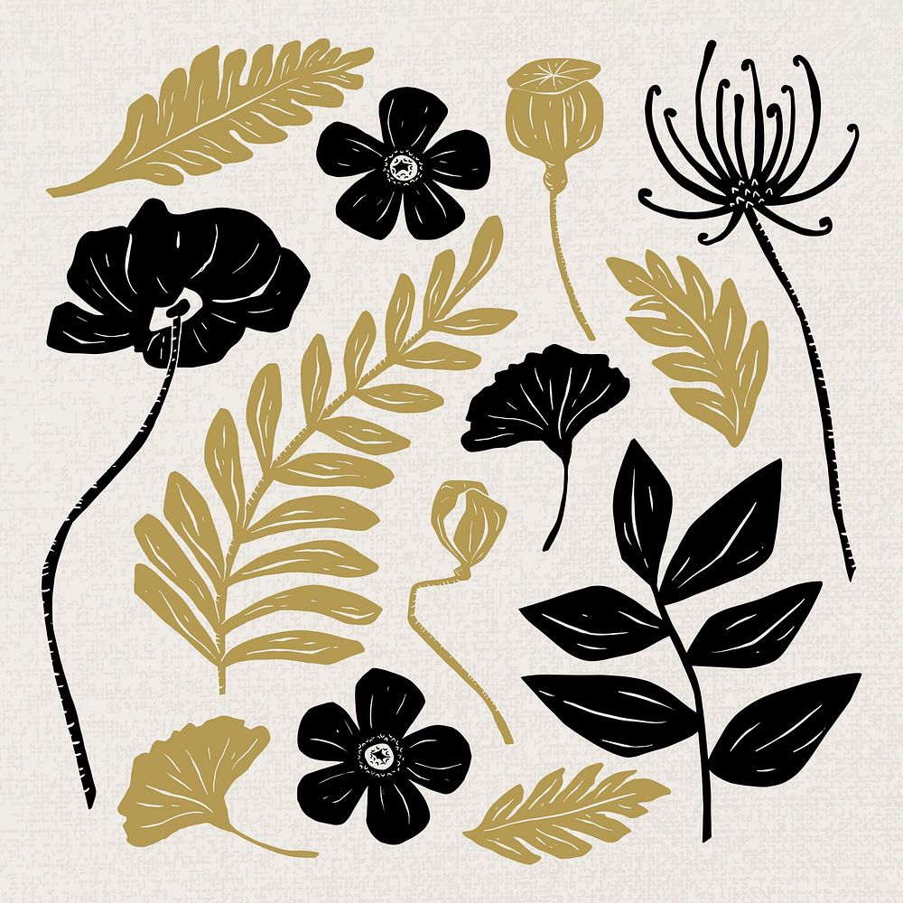 Gold black plants vector floral clipart set