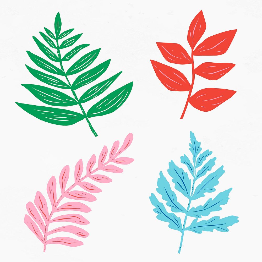 Colorful leaves vector vintage floral linocut collection