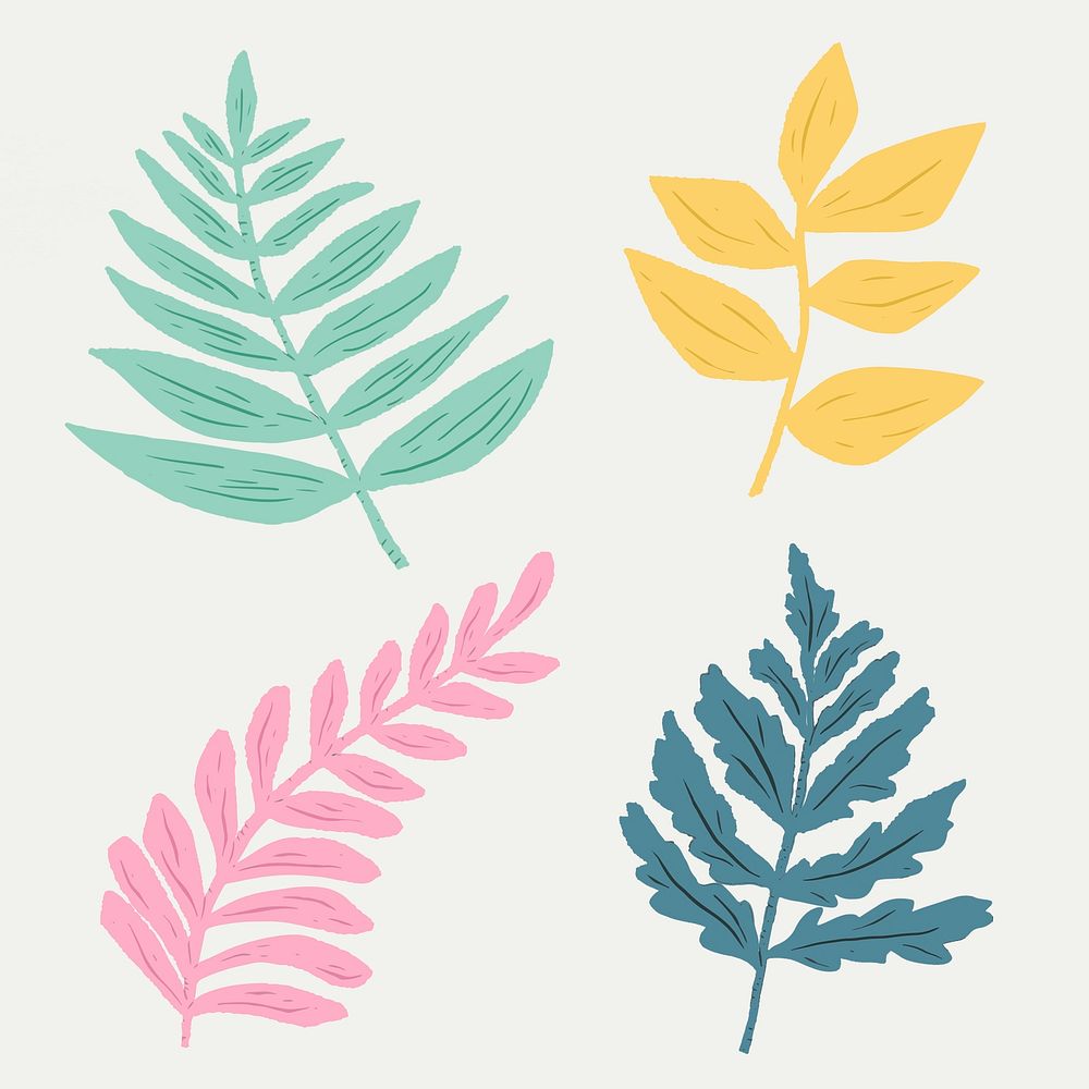 Vintage linocut leaves vector hand drawn collection