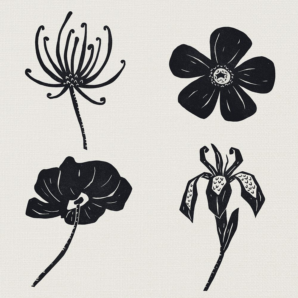 Black flowers psd linocut hand drawn set
