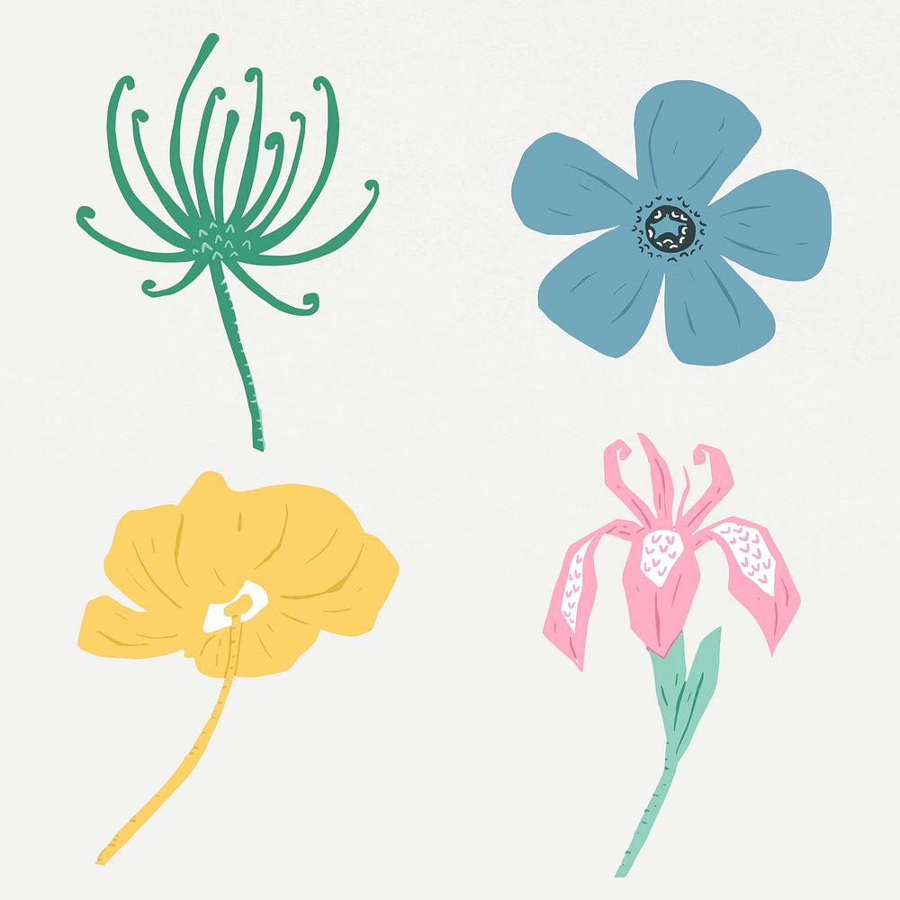 Vintage blooming flowers vector linocut style illustration set