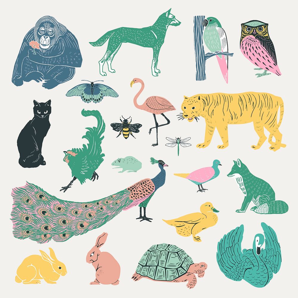 Vintage wild animals stencil pattern set